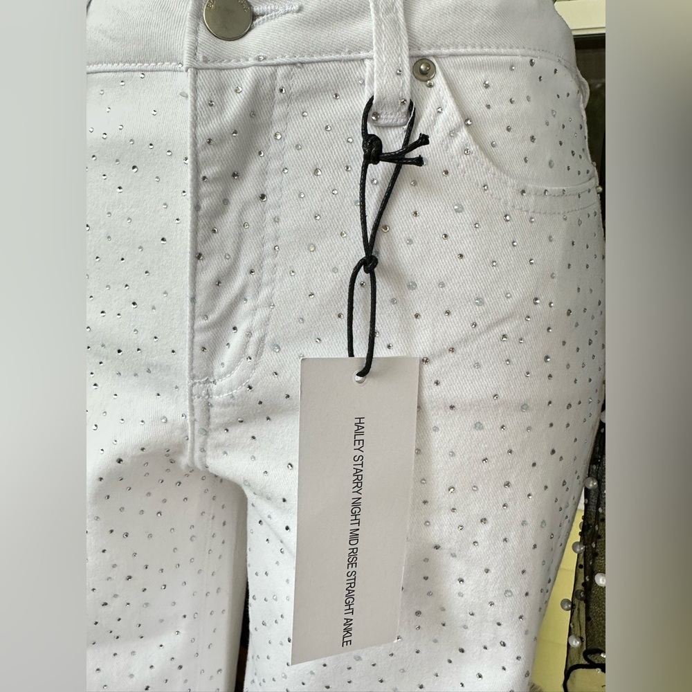 NWT Blue Revival White Straight Leg Studded Micro Gem Rhinestone Jeans Size 25